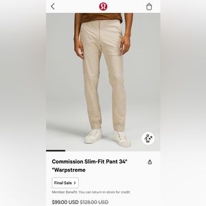34L 34W - Lululemon Commission Slim Fit Pant 34” *Warpstreme - Trench